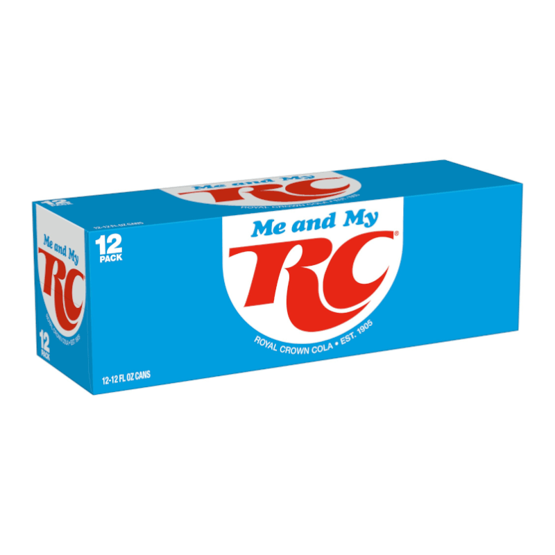 Front of RC Cola case showing bold red and blue design, logo, and text indicating 12 pack of 355ml cans