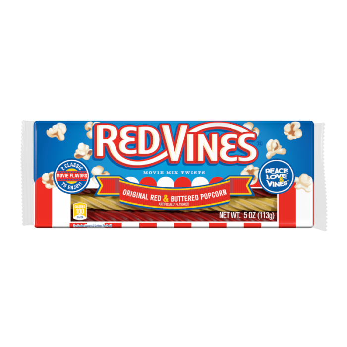 Front of Red Vines Buttered Popcorn & Original Red Twists packaging showing red logo, buttery popcorn and red twists, and 142g weight label.