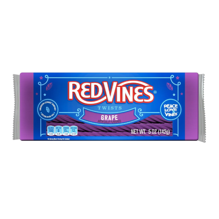 Front of Red Vines Twists Grape Tray showing the brand logo, grape flavour label, and a colourful packaging design (141g pack)