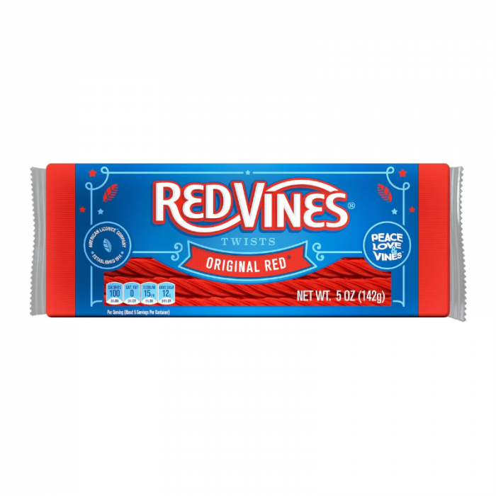 Front of Red Vines Twists Original Red Movie Tray showing red licorice twists and packaging details (142g pack)
