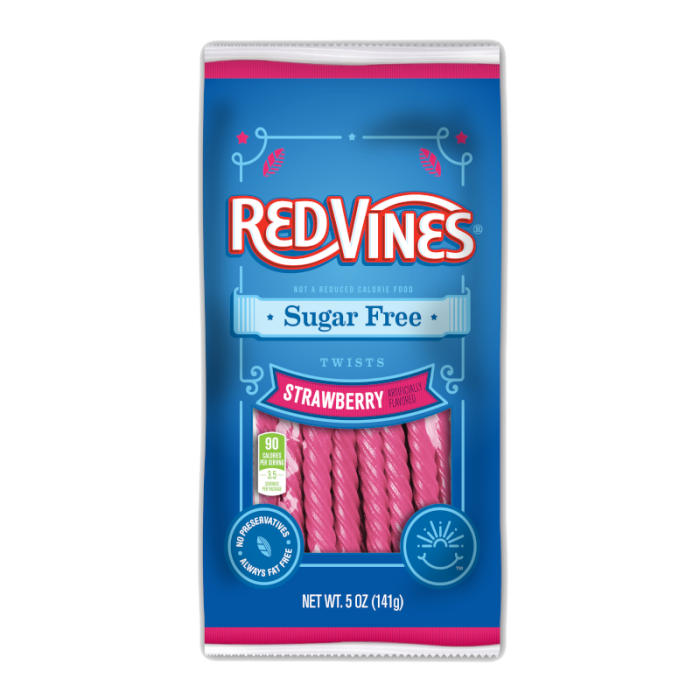 Front of a blue bag of Red Vines Strawberry Sugar Free Liquorice Twists showing the logo, strawberry flavour, and pack size (142g)