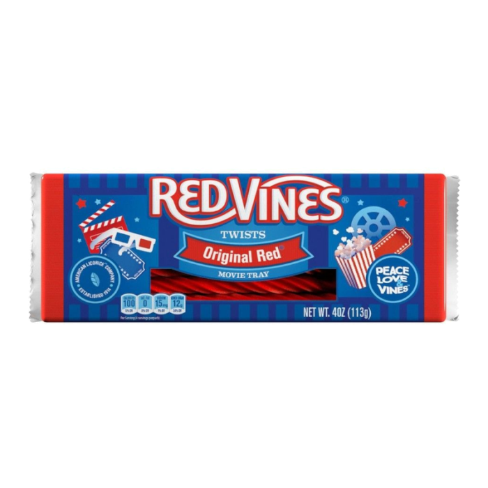 Front of Red Vines Twists Original Red Movie Tray showing bright blue packaging, iconic twists, and 113g label.
