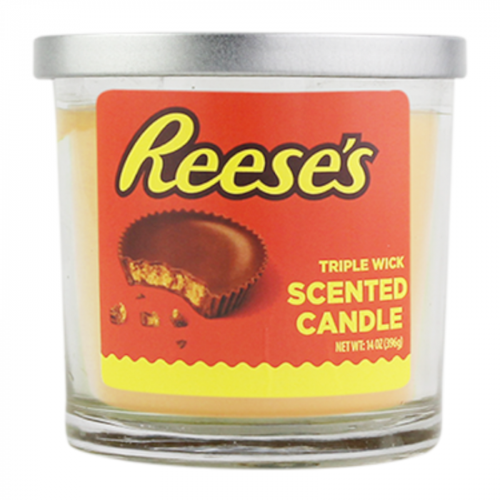 Front of Reese's Peanut Butter Cup Triple Wick Scented Candle showing the logo, triple wick label, and image of a peanut butter cup (396g)
