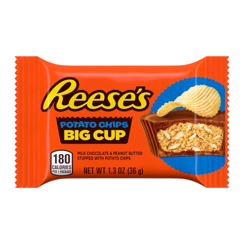 Front of Reese's Big Cup package showing the logo, potato chips, and details of chocolate and peanut butter filling (36g pack)