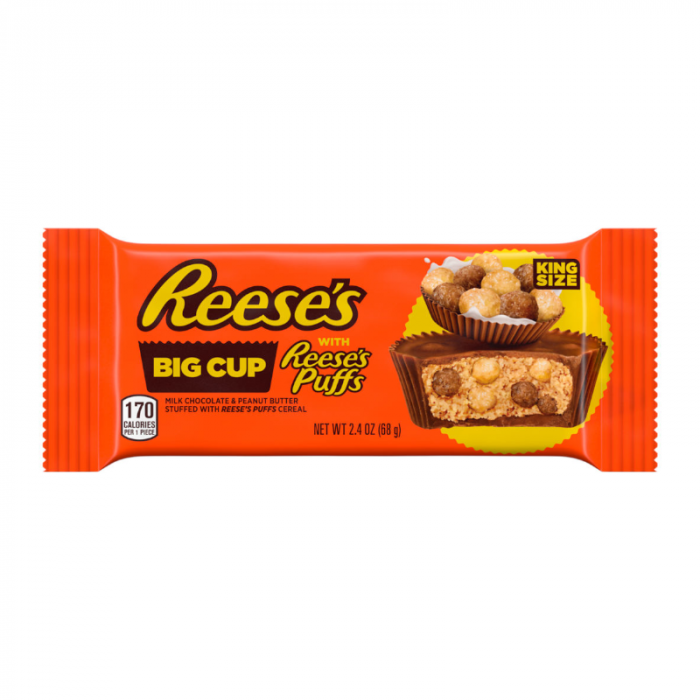 Front of Reese's Big Cup With Reese's Puffs King Size packaging showing brand logo, product name, and description (68g pack)