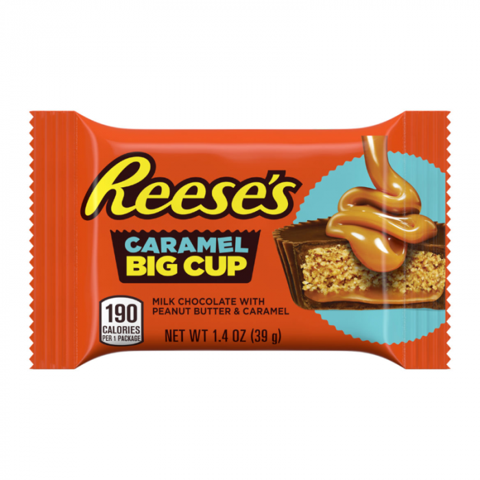 Front of Reese's Big Cup With Caramel wrapper showing logo, caramel flavour label, and chocolate with peanut butter image (39g pack)