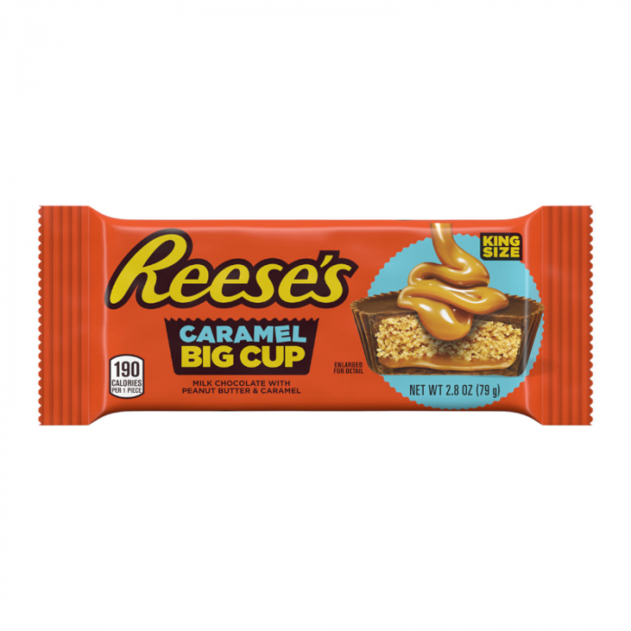 Front of Reese's Big Cup With Caramel wrapper showing bright orange design, logo, and details about the milk chocolate, peanut butter, and caramel (79g pack)