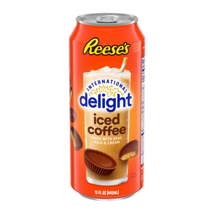 Front of a Reese's Iced Coffee Can showing the logo, iced coffee with a straw, and peanut butter cups (443ml can)