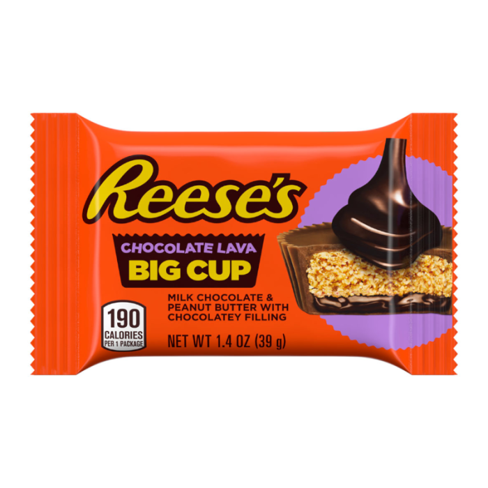 Front of Reese's Chocolate Lava Big Cup (39g) packaging showing the logo, chocolate lava design, and details of milk chocolate and peanut butter filling.