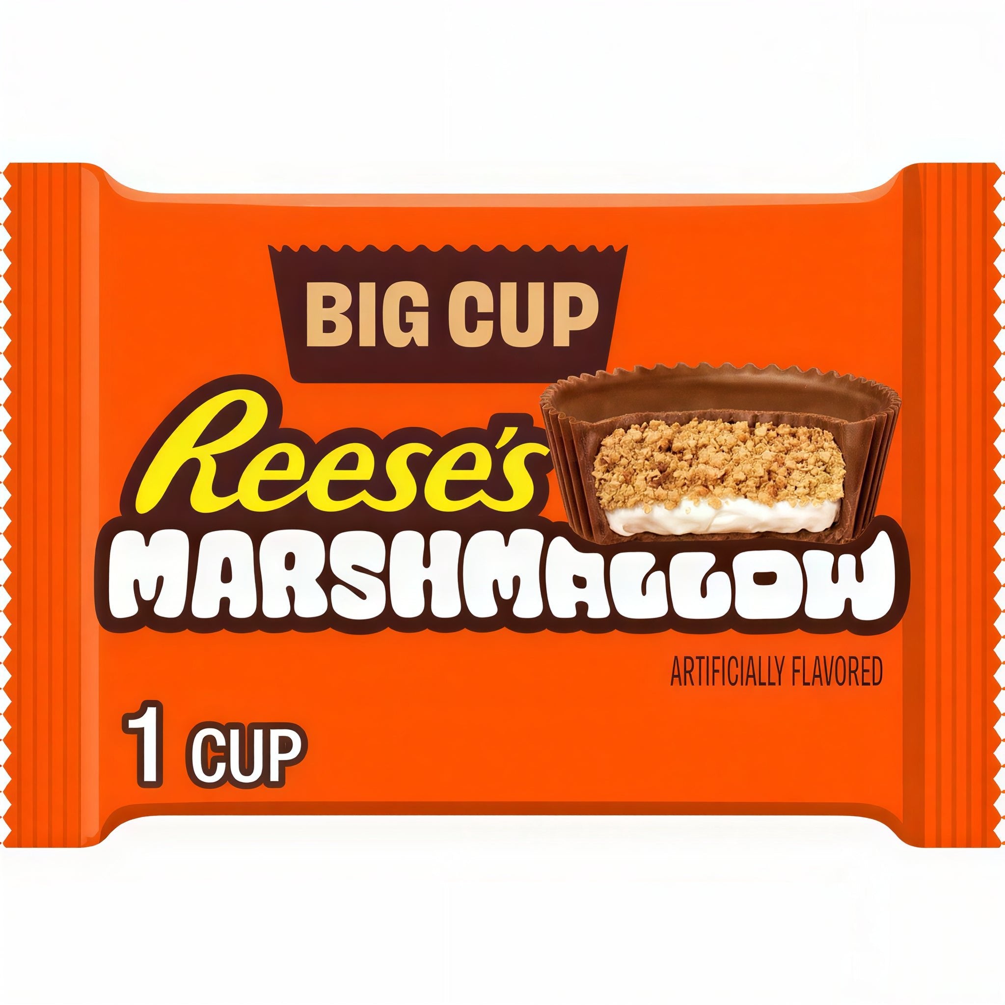 A single Reese's Marshmallow Big Cup candy wrapper on a plain white background. The wrapper is bright orange with brown, yellow, and white text and a photo of a chocolate-covered marshmallow cup on the front.