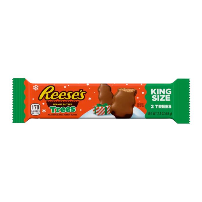 Front of a Reese's Peanut Butter Trees King Size package featuring the logo, two chocolate-covered peanut butter trees, and festive design (68g)