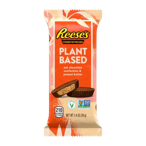 Front of Reese's Plant Based Oat Chocolate Peanut Butter Cups packaging showing the logo, product name, and image of the product (39g pack)