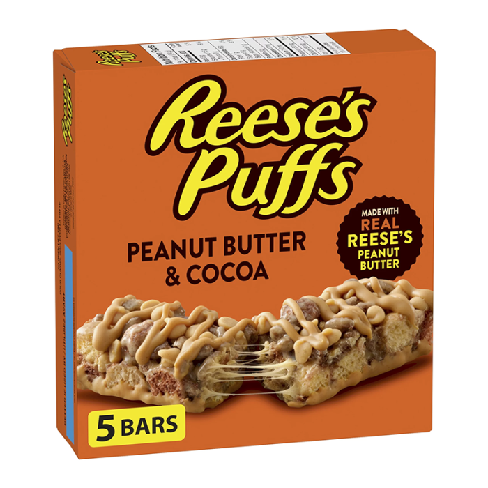 Front of a Reese's Puffs Peanut Butter & Cocoa Cereal Bar box showing the logo, peanut butter and cocoa flavour, and 5 bars in the pack.