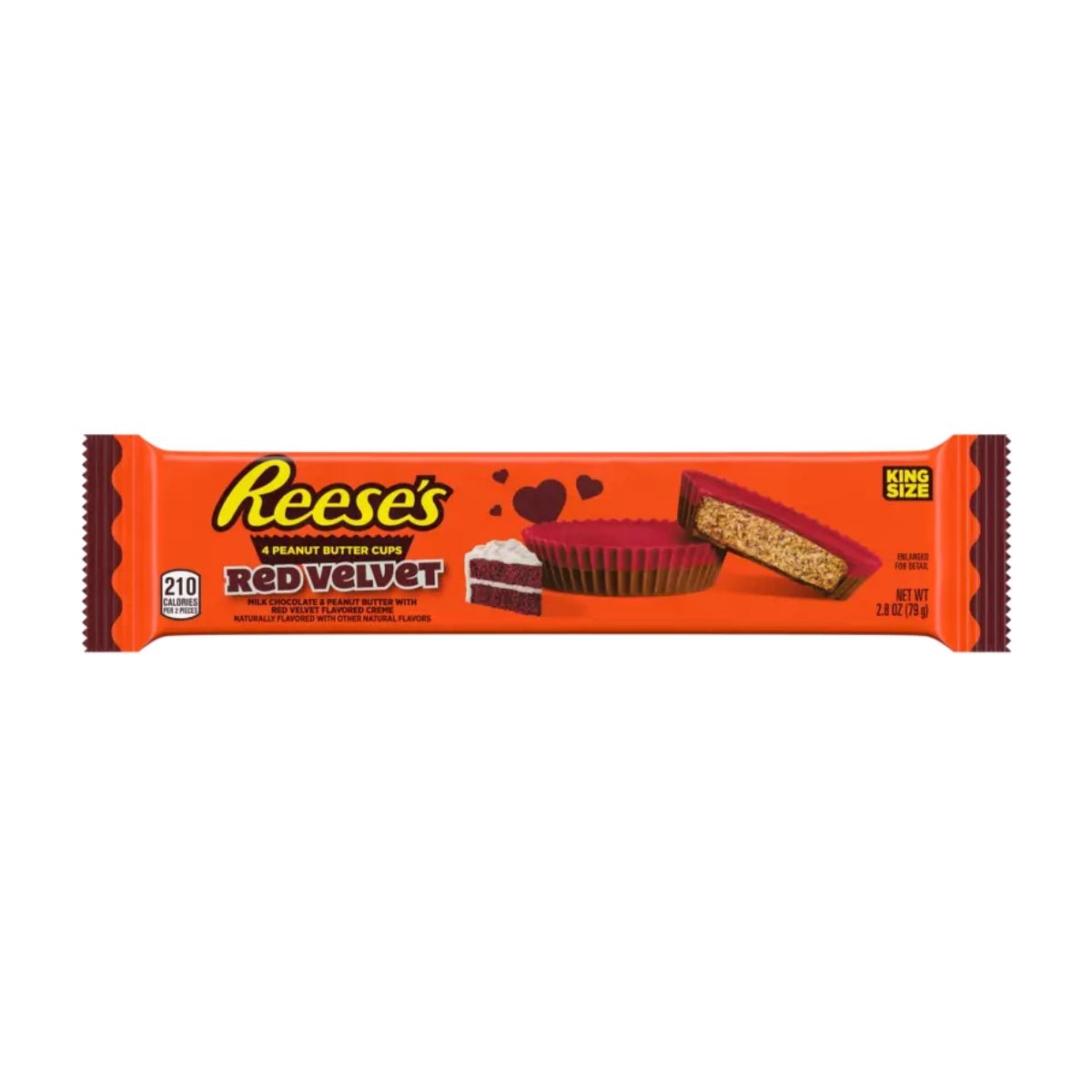 Front of Reese's Red Velvet King Size pack featuring the logo, red velvet flavour indication, and images of peanut butter cups (79g)
