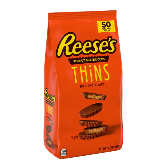 Front of Reese's Peanut Butter Thins Party Bag showing the brand logo, milk chocolate cups, and pack size (681g)