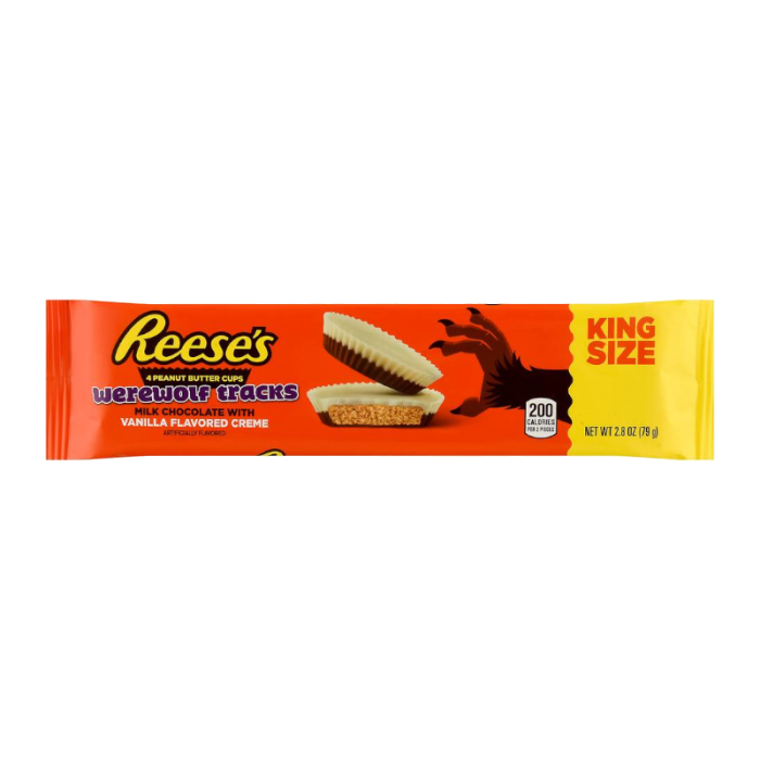 Front of Reese's Werewolf Tracks Vanilla Peanut Butter Cup packaging showing the logo, king-size label, and image of peanut butter cups (79g)