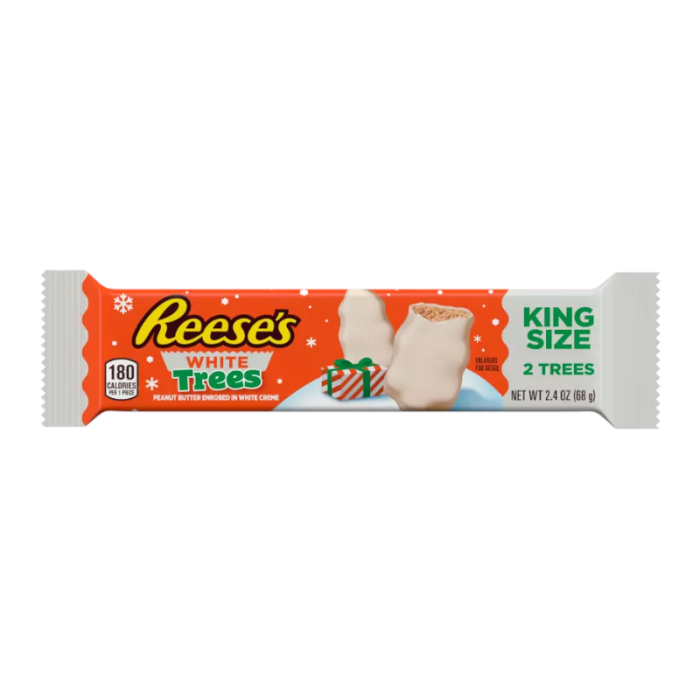 Front of Reese's White Peanut Butter Trees King Size packaging showing logo, white trees on a plate, and festive design (68g pack)