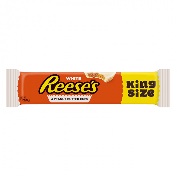 Front of a Reese's White Peanut Butter 4 Cups King Size packaging showing the logo, white chocolate cups, and the 79g weight displayed.