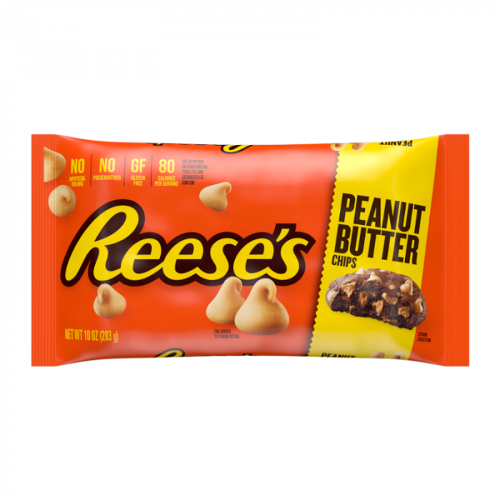 Front of Reese's Peanut Butter Baking Chips bag showing bright orange packaging, peanut butter chips, and 283g label.
