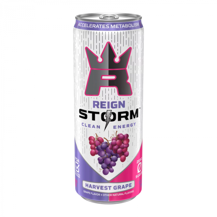 Front of Reign Storm Clean Energy Harvest Grape (355ml) can showing vibrant grape flavour graphics and logo.