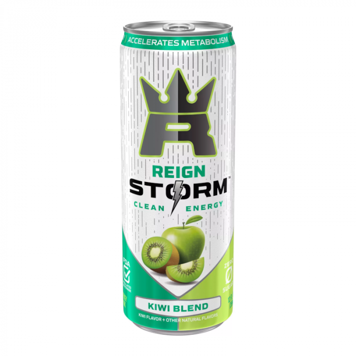 Front of Reign Storm Clean Energy Kiwi Blend can featuring the logo, kiwi flavour label, and images of kiwi fruit (355ml)