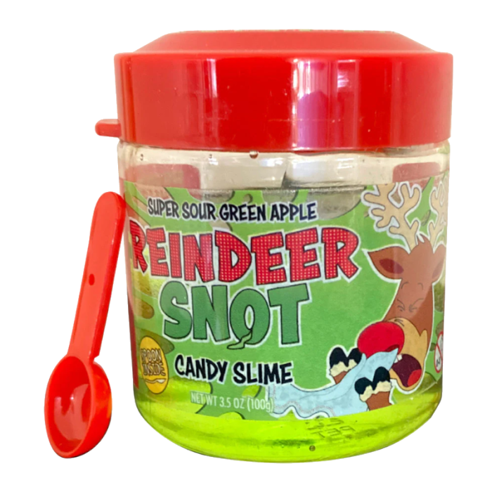 Front of Reindeer Snot Candy Slime container showing vibrant green colour, sour apple flavour label, and cartoon reindeer design (100g pack)