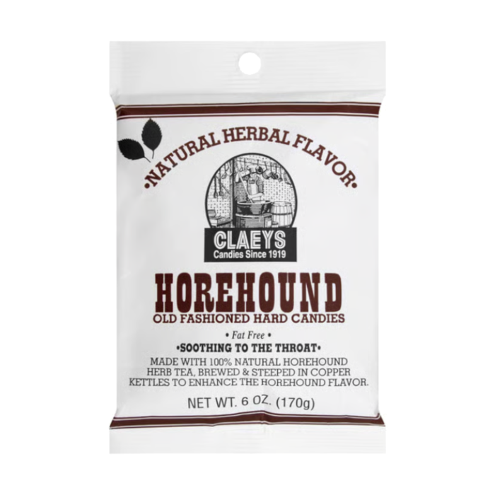 Front of Claeys Old Fashioned Candy Horehound bag featuring logo, natural herbal flavour label, and 170g pack size