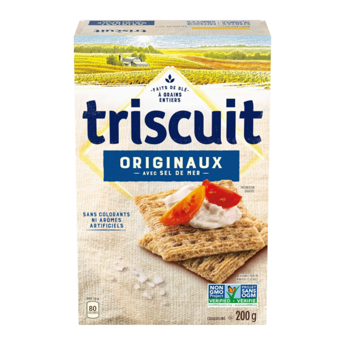 Front of Triscuit Original box showing blue logo, whole grain crackers, and toppings (200g pack)