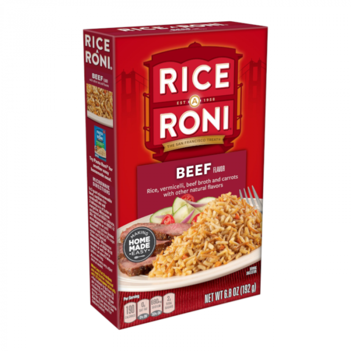Front of Rice-A-Roni Beef box featuring bold red logo, beef flavour label, and a plate of rice and meat (192g pack)