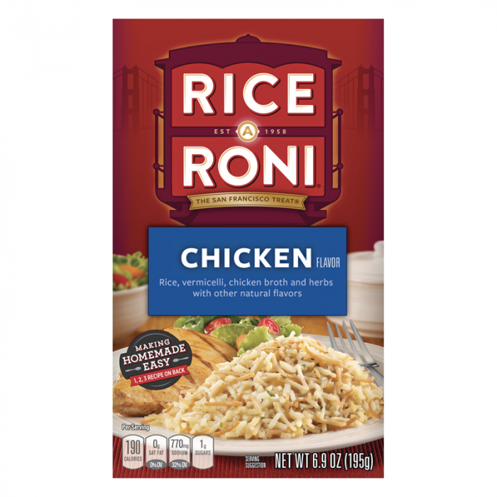 Front of Rice-A-Roni Chicken box showing the logo, chicken flavour label, and image of rice and vermicelli (195g pack)