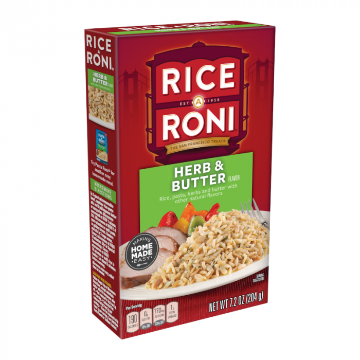Front of Rice-a-Roni Herb & Butter box featuring the logo, Herb & Butter flavour label, and an image of rice and pasta dish (204g pack)