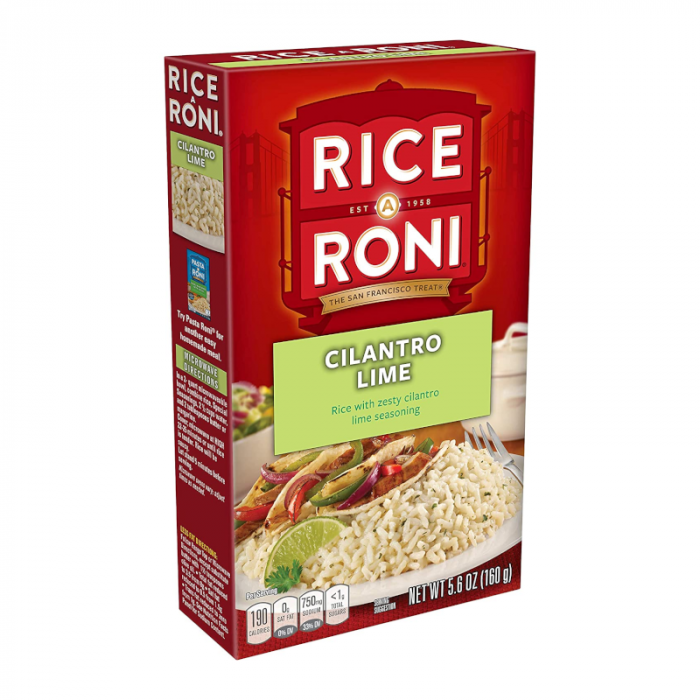 Front of Rice-A-Roni Cilantro Lime box showing bold red logo, cilantro lime flavour label, and image of rice with vegetables (160g pack)