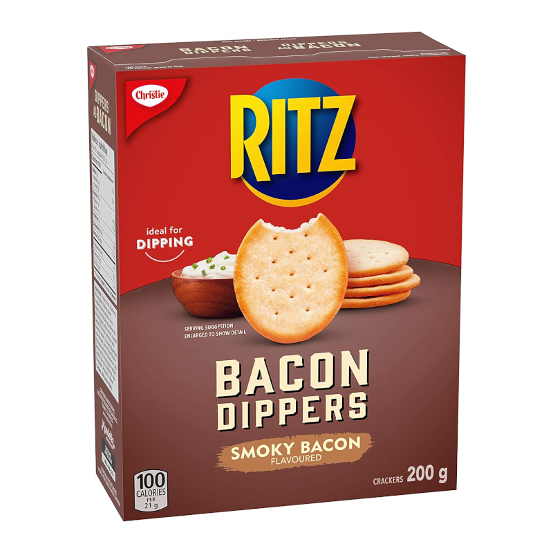 Front of Ritz Bacon Dippers box showing bold blue logo, smoky bacon flavour label, and image of crackers with dipping sauce (200g pack)