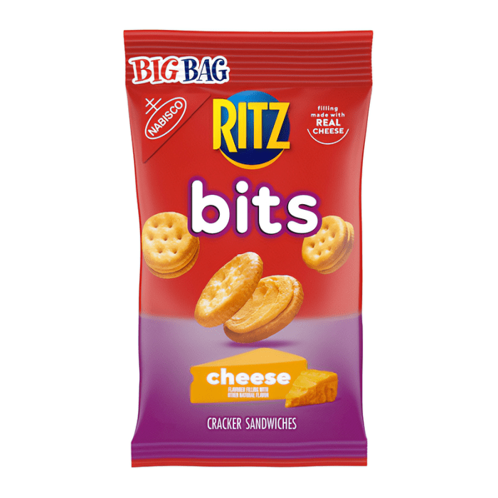 Front of Ritz Bitz Cheese Sandwiches bag showing the logo, cheese flavour label, and images of cracker sandwiches (85g pack)