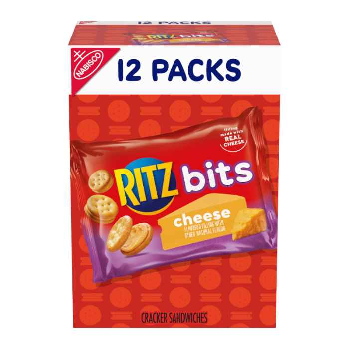 Front of Ritz Bitz Cheese Sandwiches box displaying the logo, cheese flavour label, and 12 packs of cracker sandwiches with real cheese filling.