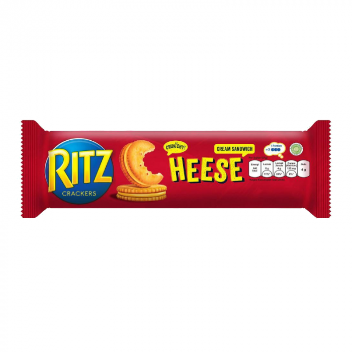 Front of Ritz Cheese Sandwiches pack displaying crunchy cheese cream sandwich logo and bright red packaging (118g pack)