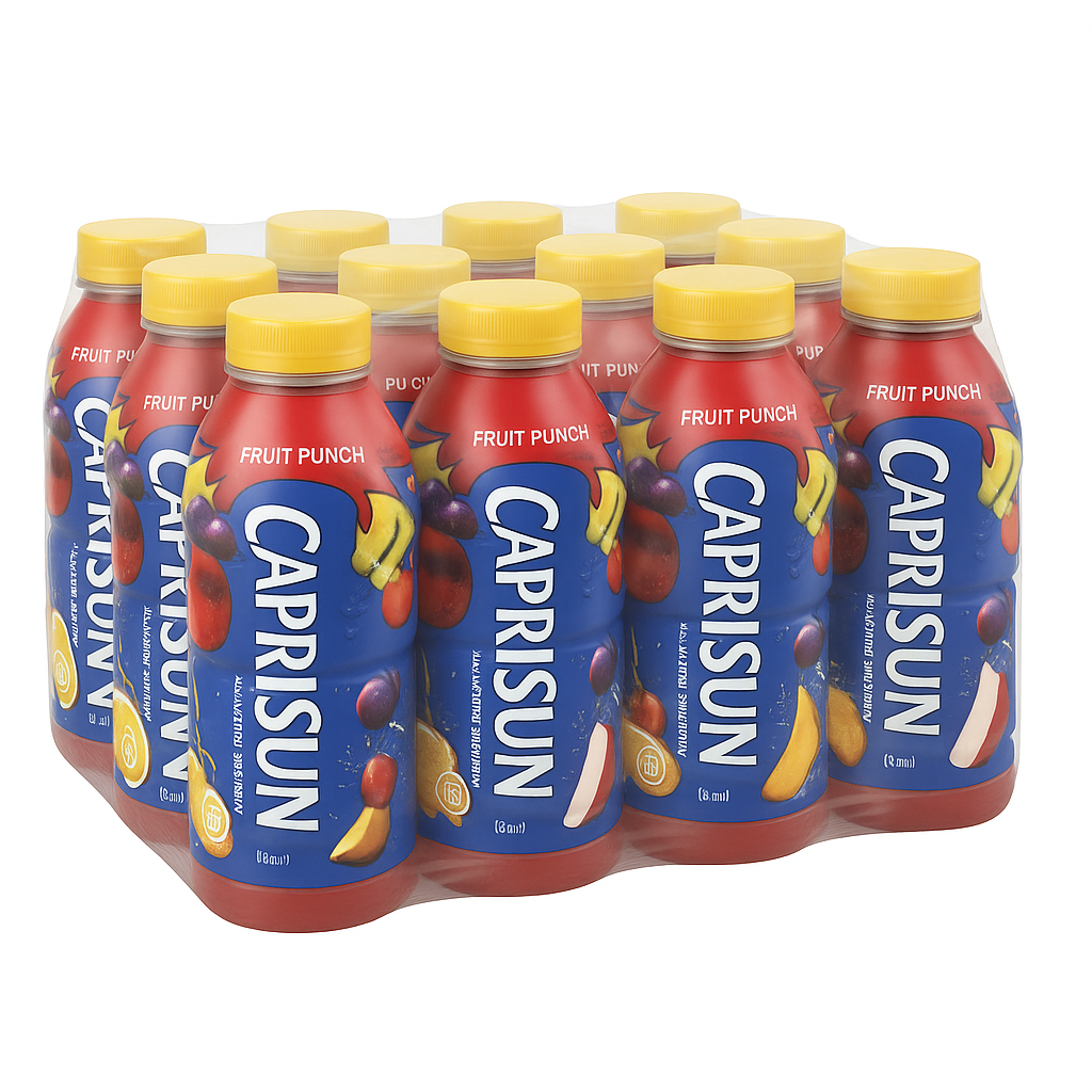 Front of Capri Sun Fruit Punch pack featuring logo, fruit graphics, and highlighting the 12 pack of 355ml pouches.