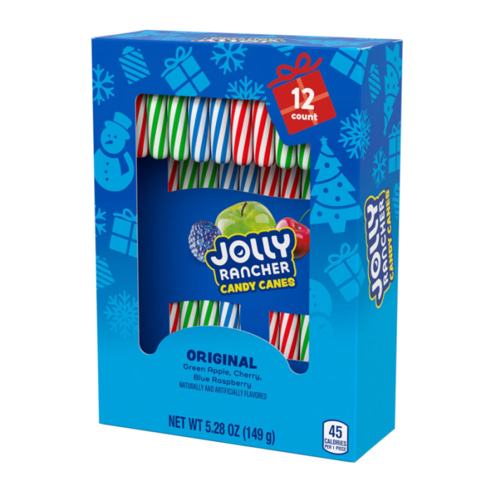 Box of Jolly Rancher candy canes with blue packaging and colorful candy canes inside.
