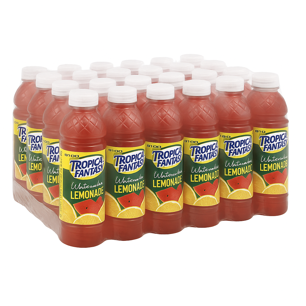 Front of Tropical Fantasy Watermelon Lemonade bottle showing logo, watermelon and lemon graphics, with a 591ml size displayed (24 pack)