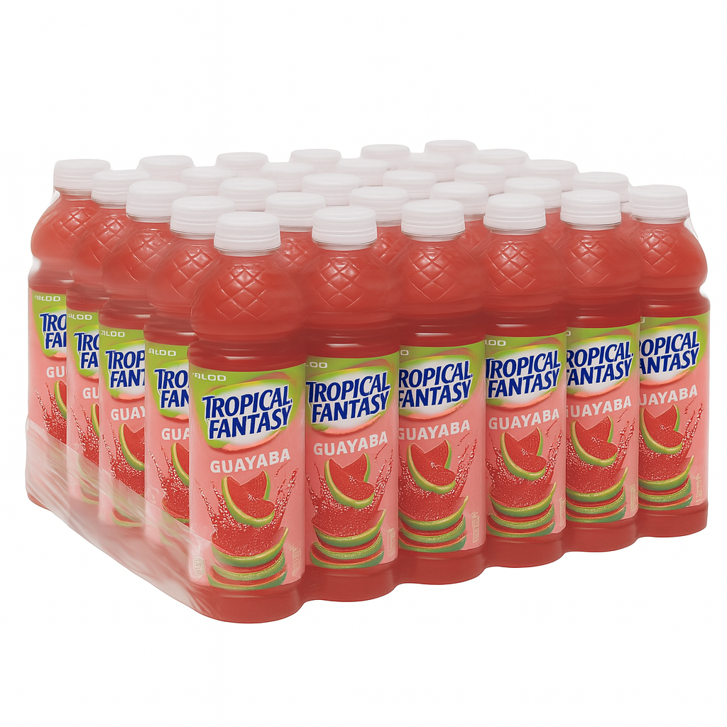 Front of Tropical Fantasy Guava bottles showing vibrant label with guava imagery, product name, and pack size (591ml, 24 Pack)