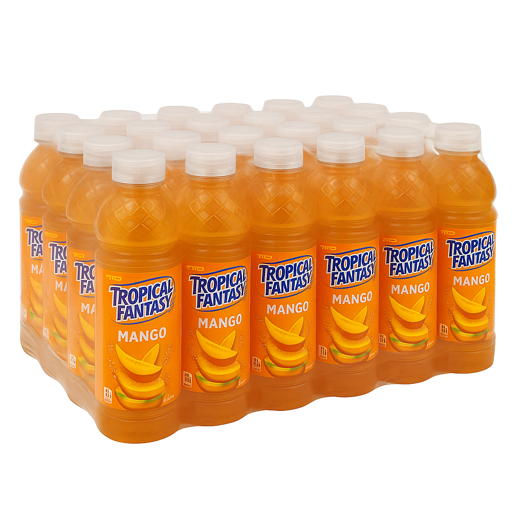 Front of Tropical Fantasy Mango 591ml bottle showing the logo, vibrant mango flavour, and bright orange packaging (24 Pack)