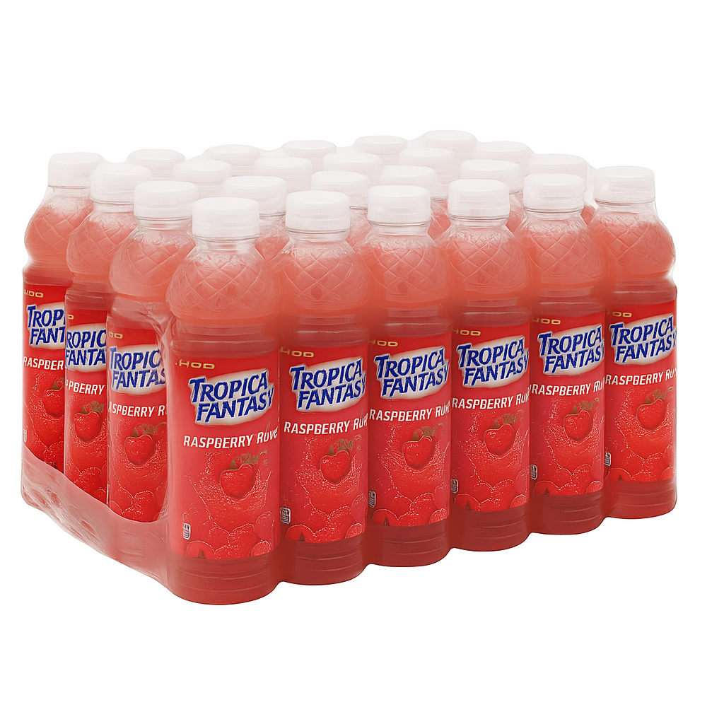 Front of Tropical Fantasy Raspberry Rush bottles showing vibrant red label with logo, raspberry flavour, and 24-pack display (591ml each)