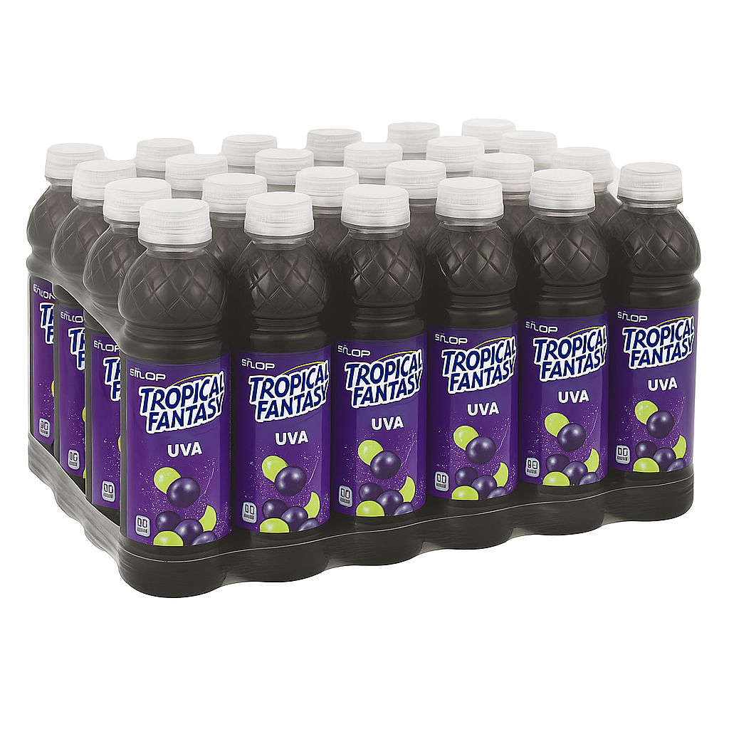 Front of a 24 pack of Tropical Fantasy Grape (591ml) bottles showing bold purple label with logo and grape imagery.