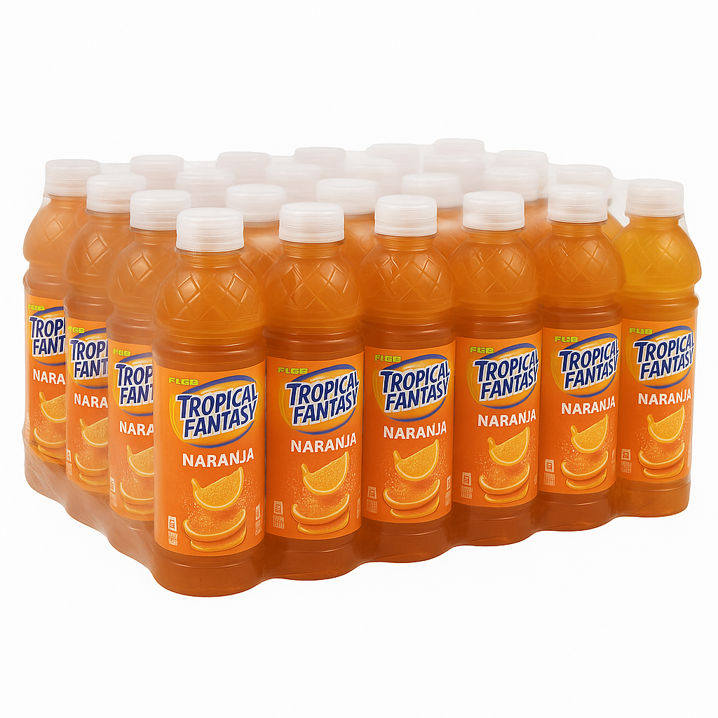 Front of Tropical Fantasy Orange (591ml) label showing logo, orange flavour, and vibrant packaging in a 24 pack