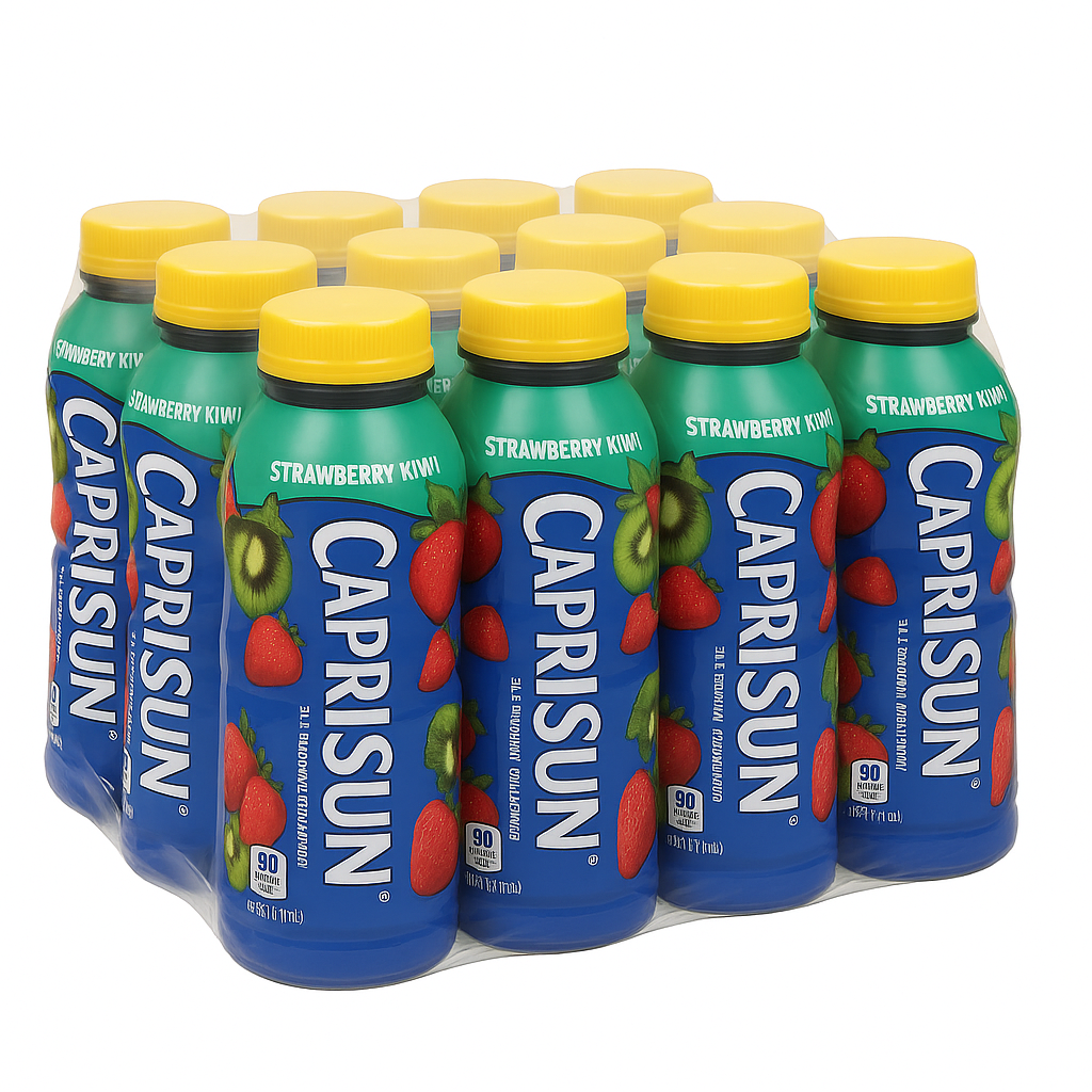 Front of Capri Sun Strawberry Kiwi 355ml (12 Pack) showing vibrant blue packaging with red strawberries, green kiwis, and logo.