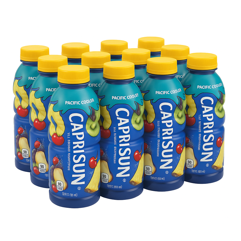 Front of Capri Sun Pacific Cooler pack displaying vibrant design, fruity flavours, and 12 pack of 355ml pouches.