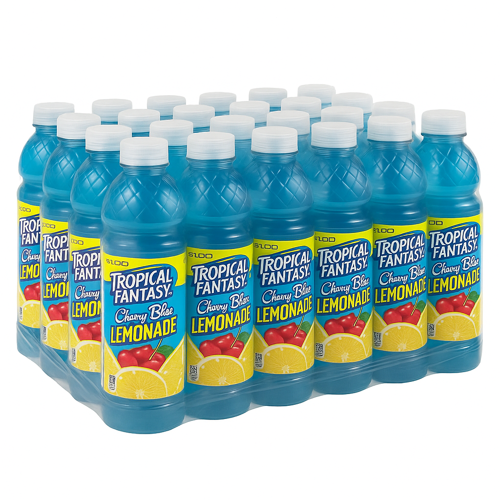 Front of Tropical Fantasy Cherry Blue Lemonade bottles showing bright label with cherry and lemon graphics, 591ml bottles in a 24 pack.