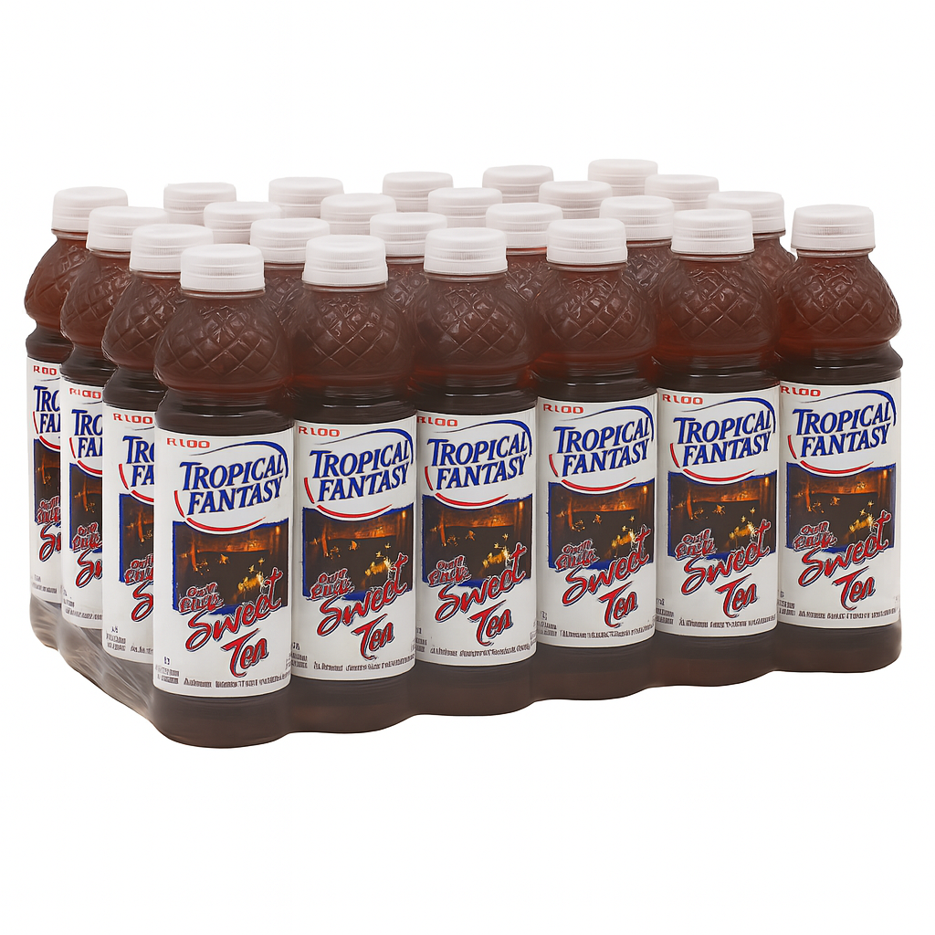 Front of a 24 pack of Tropical Fantasy Sweet Tea 591ml bottles featuring the logo and clear view of the sweet tea beverage.