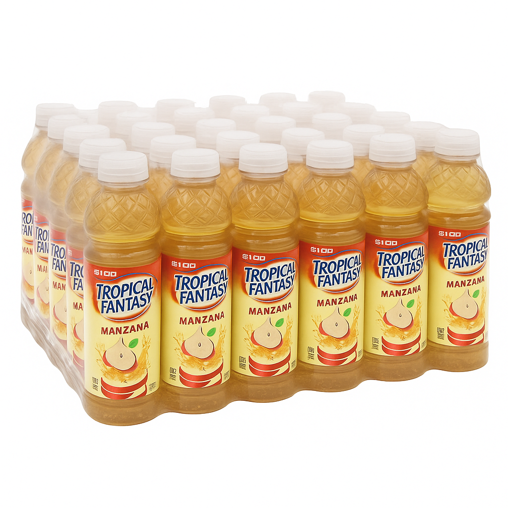 Front of Tropical Fantasy Apple bottle pack showing bright label with logo, apple flavour, and 24 pack of 591ml bottles.