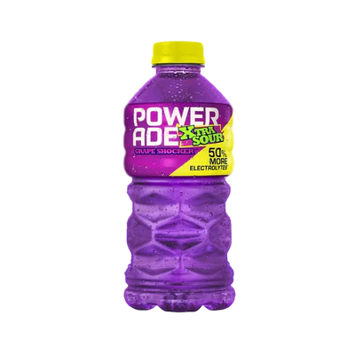 Front of Powerade Xtra Sour Grape Shocker bottle showing bold logo, sour grape flavour label, and vibrant purple colour (828ml pack)
